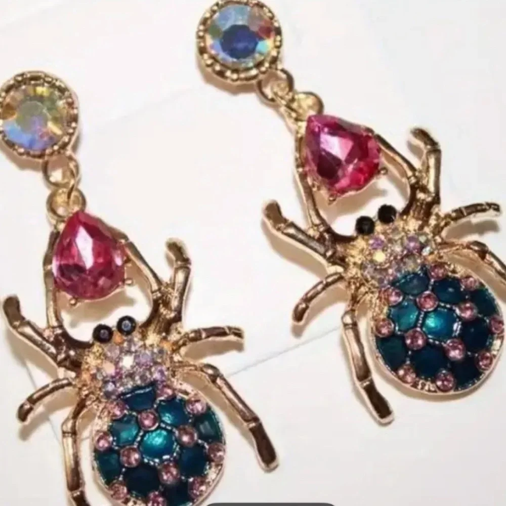 Gold and Pink Spider Earrings - Picture 3 of 3
